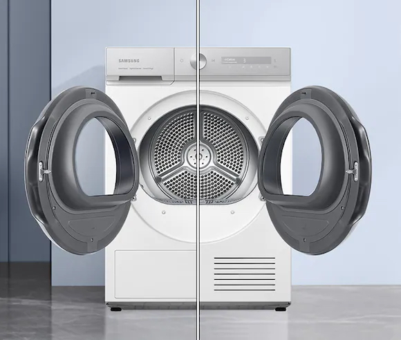 The dryer with doors opened to both sides shows the reversible feature at a glance.